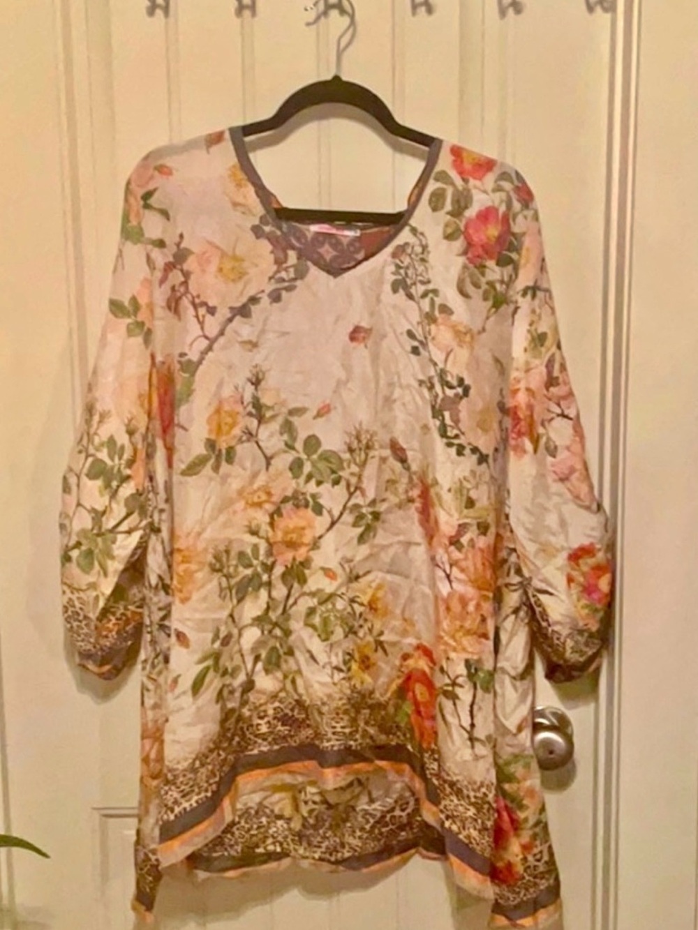 Johnny Was Floral Tunic Top in Cream, Pink, Yellow, Green